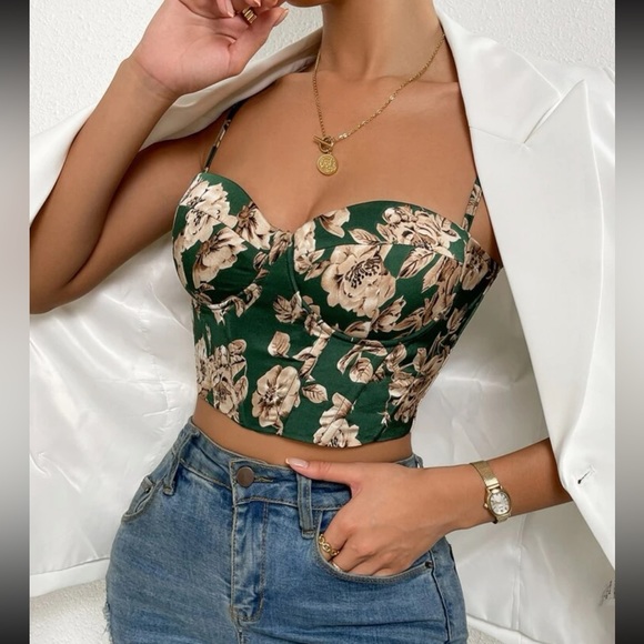 Boho floral print lace up back bustier corset tube satin top - Picture 7 of 16